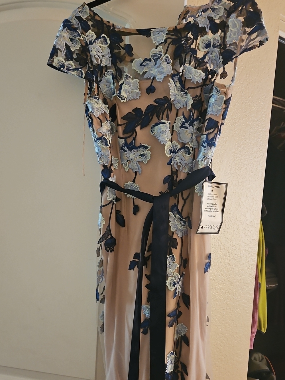 Embroidered Floral Mesh Dress with Navy Ribbon - Women